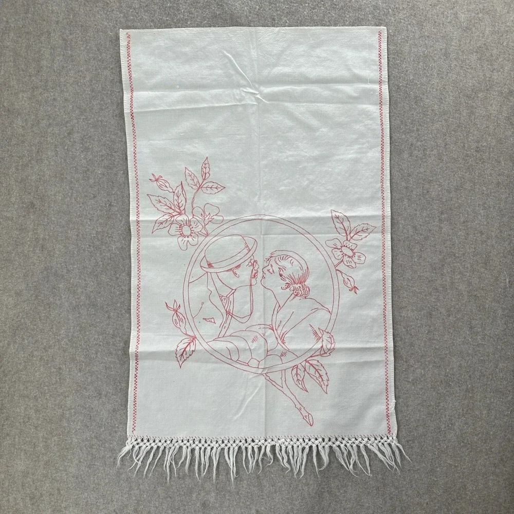 Handmade French Redwork Tea Towel White Red Kissing Couple Floral Fringe